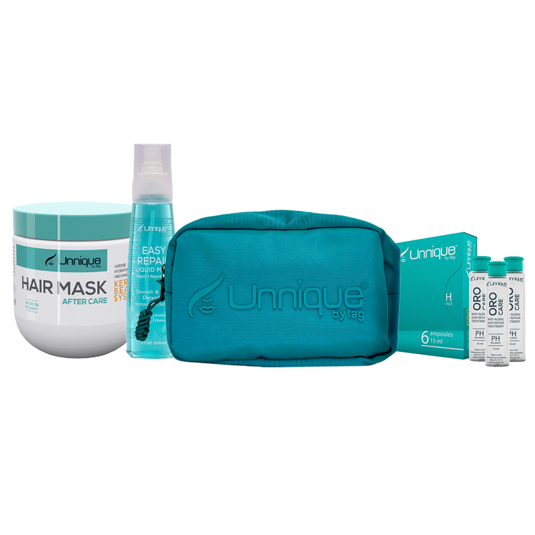 Unnique Deep Repair Kit with KBS Hair Mask, Easy Repair Liquid Mask Spray, and Oro Care Ampoules — plus a FREE travel pouch. Rebuilds damaged hair, restores elasticity, reduces frizz, and boosts shine. Safe for keratin, color, and bleached hair. Salon results at home.