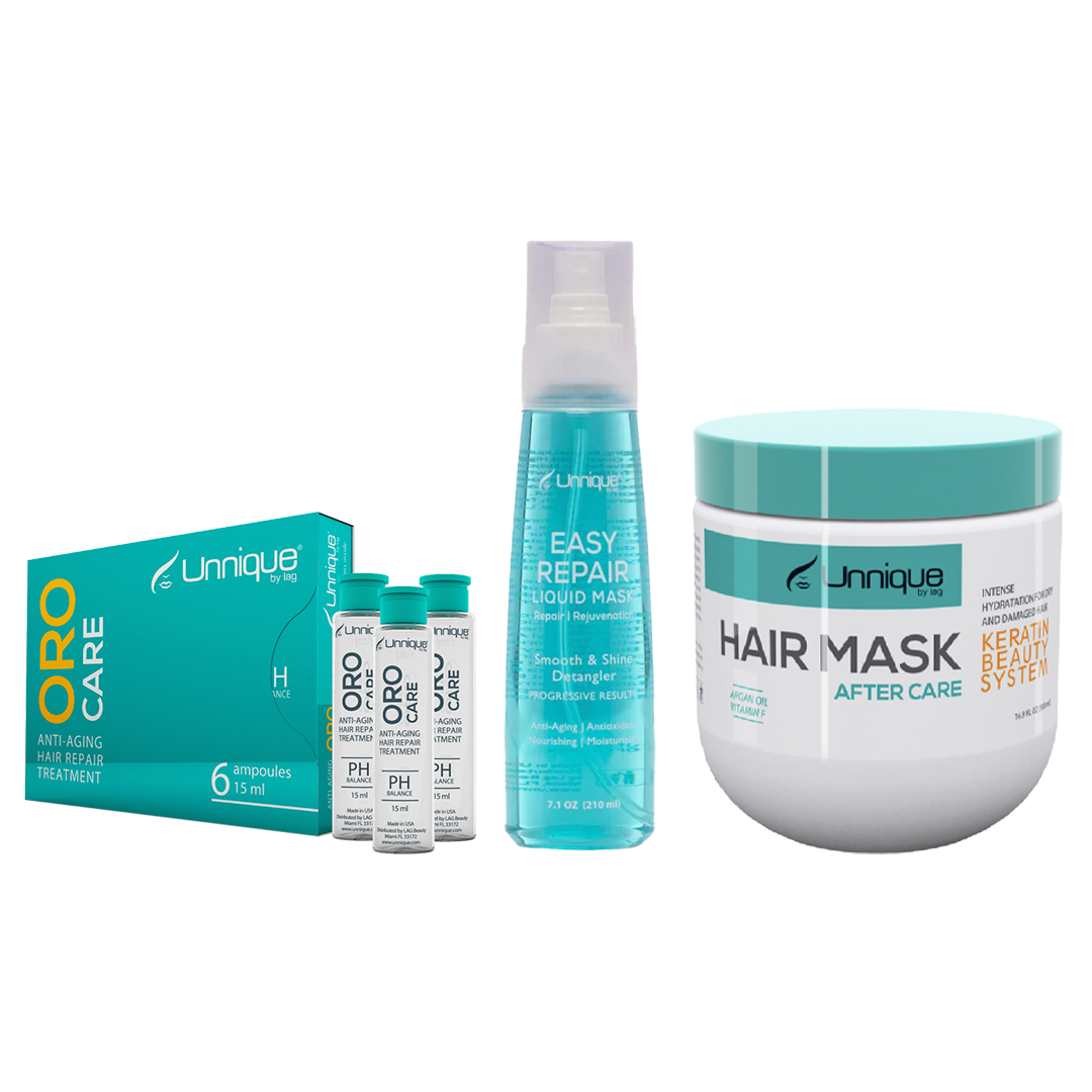 Unnique Deep Repair Kit with KBS Hair Mask, Easy Repair Liquid Mask Spray, and Oro Care Ampoules — plus a FREE travel pouch. Rebuilds damaged hair, restores elasticity, reduces frizz, and boosts shine. Safe for keratin, color, and bleached hair. Salon results at home.